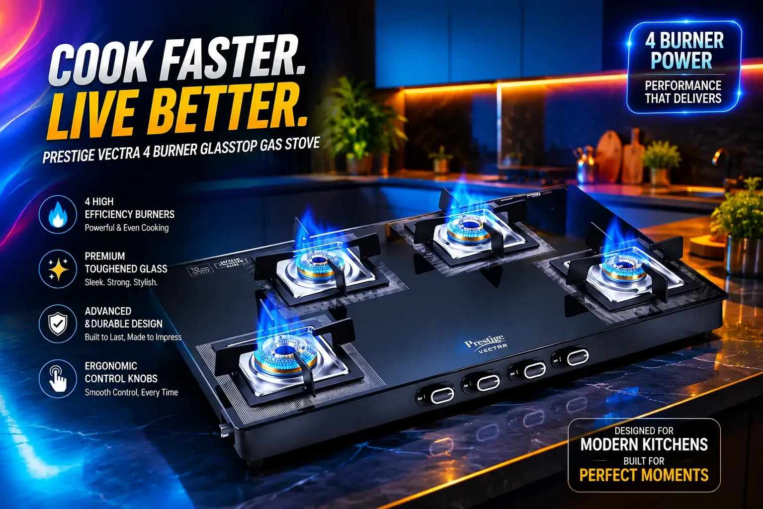 0 Prestige 4 Burner Gas Stove Auto Ignition