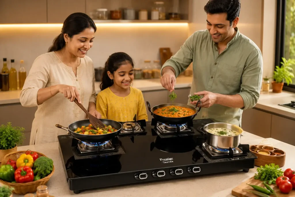 1 Family cooking together in a modern Prestige 4 Burner Gas Stove Auto Ignitionkitchen