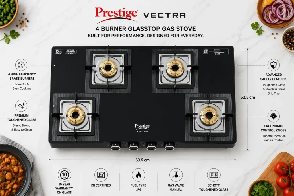 2 Sleek 4-burner gas stove showcase 1 Family cooking together in a modern Prestige 4 Burner Gas Stove Auto Ignitionkitchen
