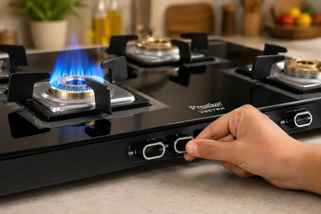3 Modern kitchen stove with blue flame 1 Family cooking together in a modern Prestige 4 Burner Gas Stove Auto Ignitionkitchen