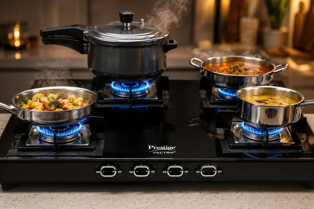 4 Modern kitchen with gas cooktop and steam 1 Family cooking together in a modern Prestige 4 Burner Gas Stove Auto Ignitionkitchen