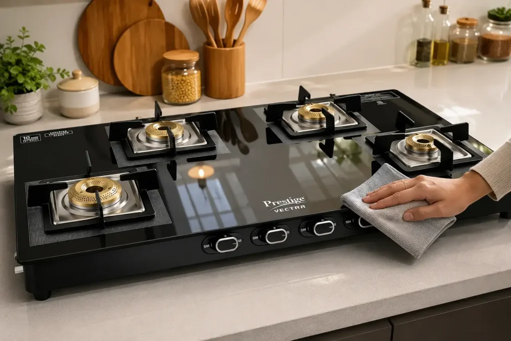 9 Wiping down a sleek gas stove